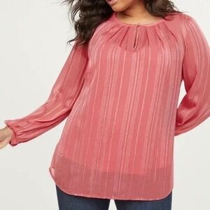 NWT‎ Lane Bryant Blouse Top 24 Metallic
Stripe Sheer Long Sleeve Keyhole Pink